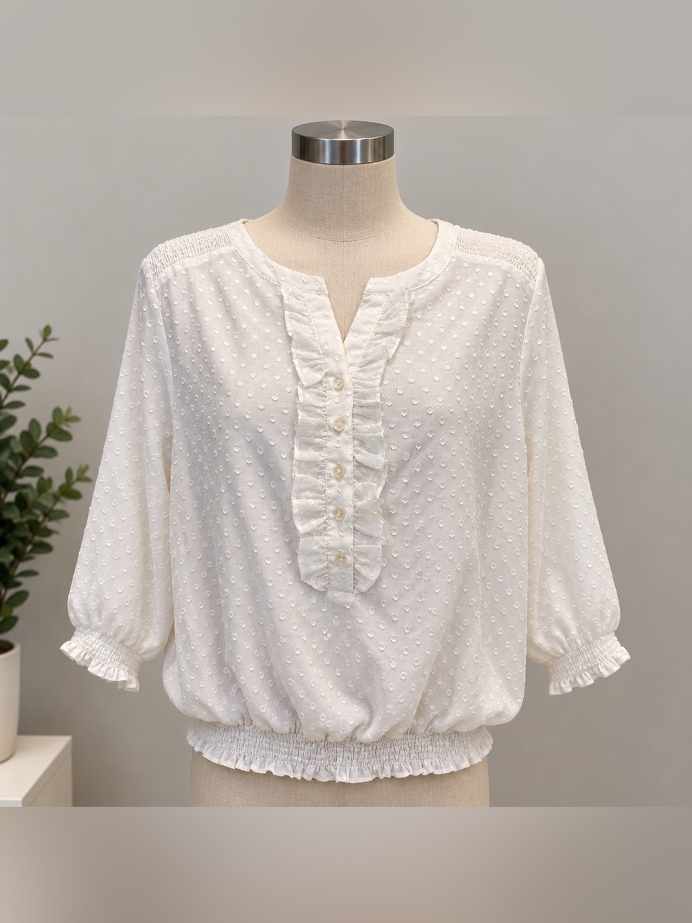 CHRISTOPHER & BANKS Sheer White Polka Dot Blouse size medium